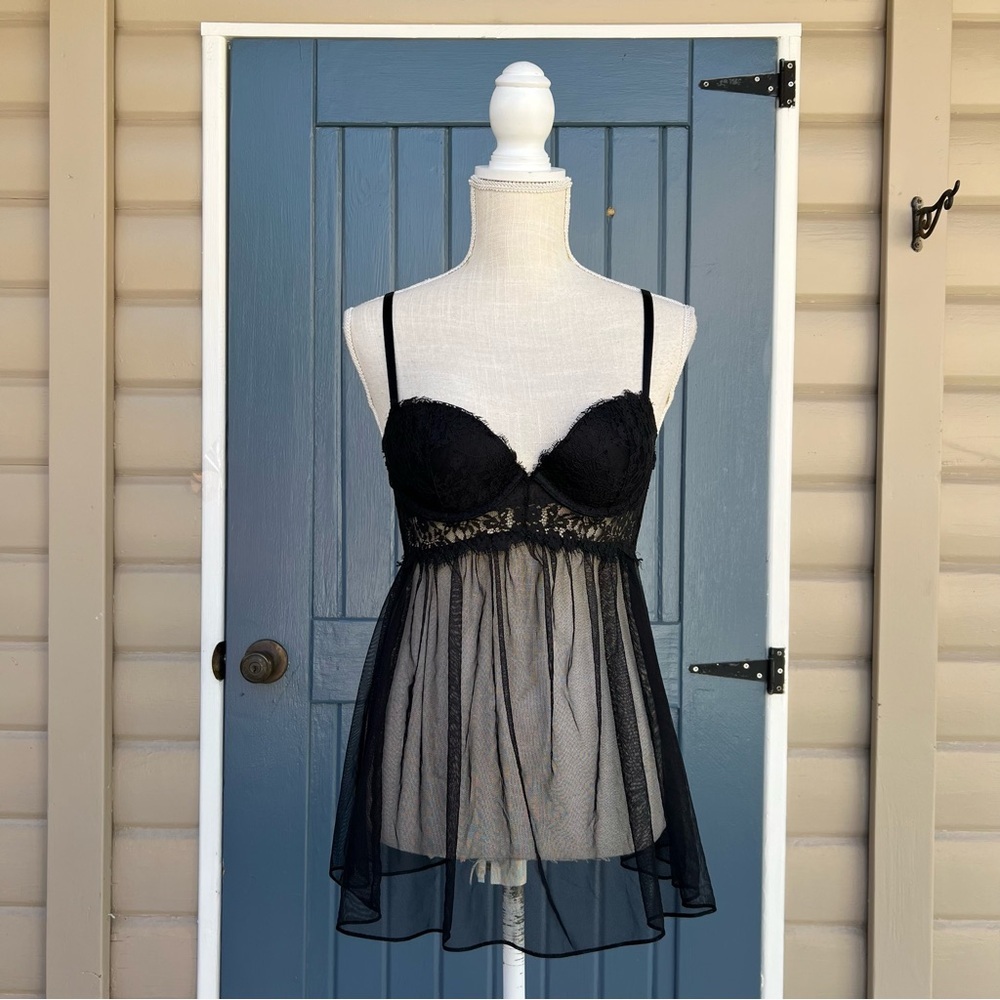 Victoria's Secret Black Lace & Sheer Mesh Babydoll Chemise Women Size 34B